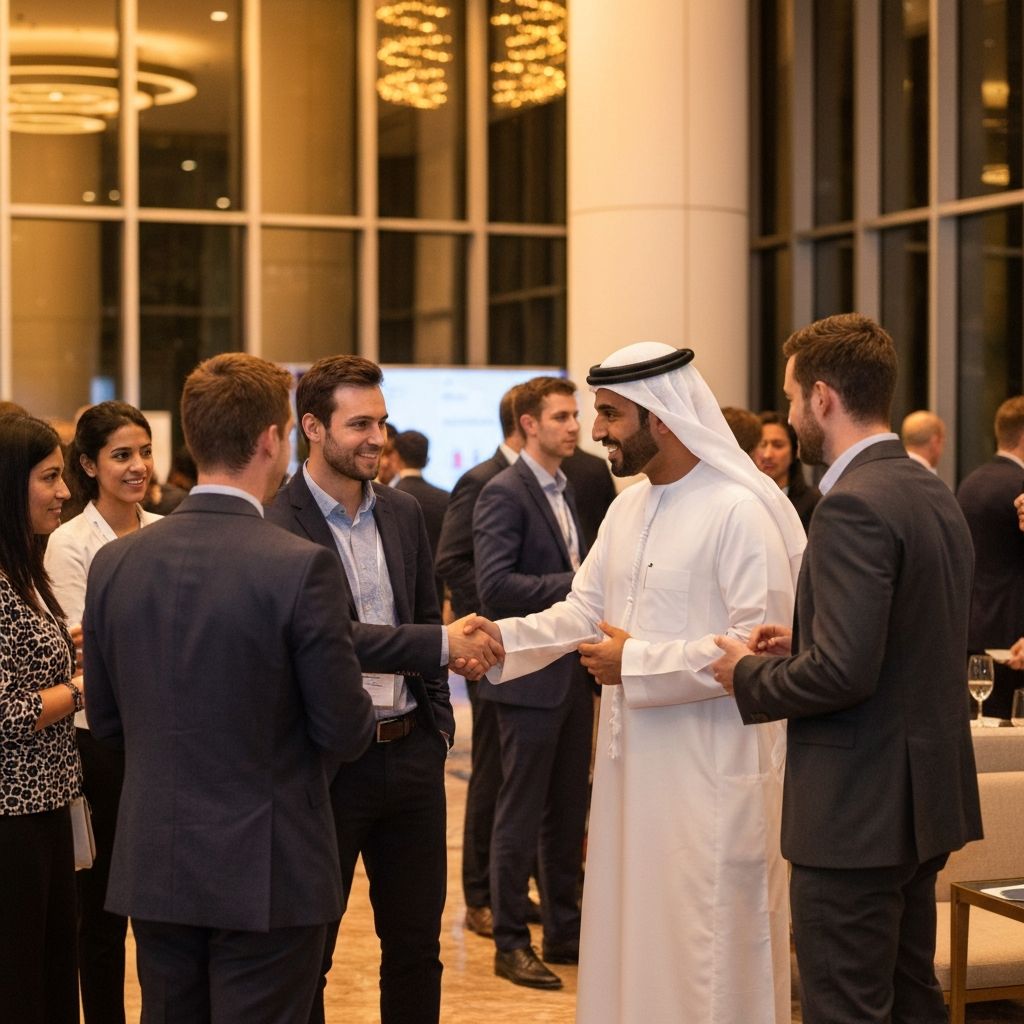 Entrepreneurs networking at business conference