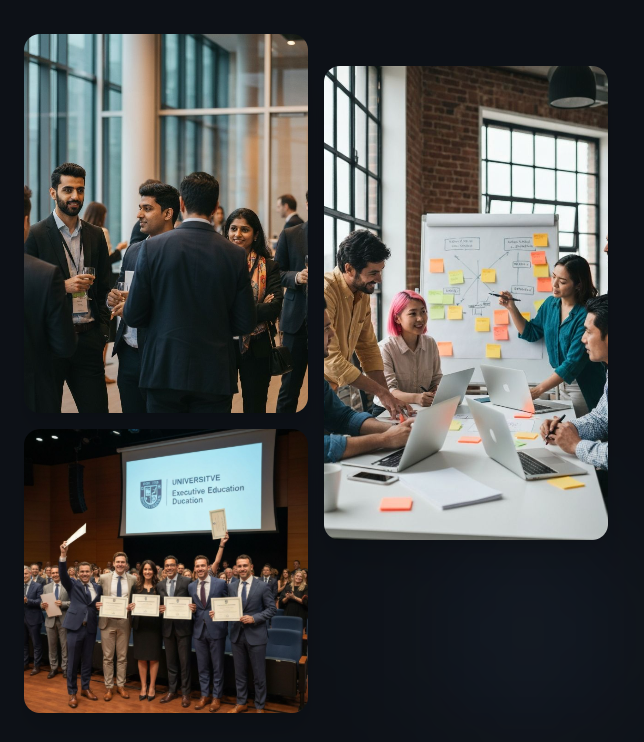 Collage of entrepreneurs networking at a business conference, collaborative workshop with sticky notes and laptops, and executive education graduation ceremony